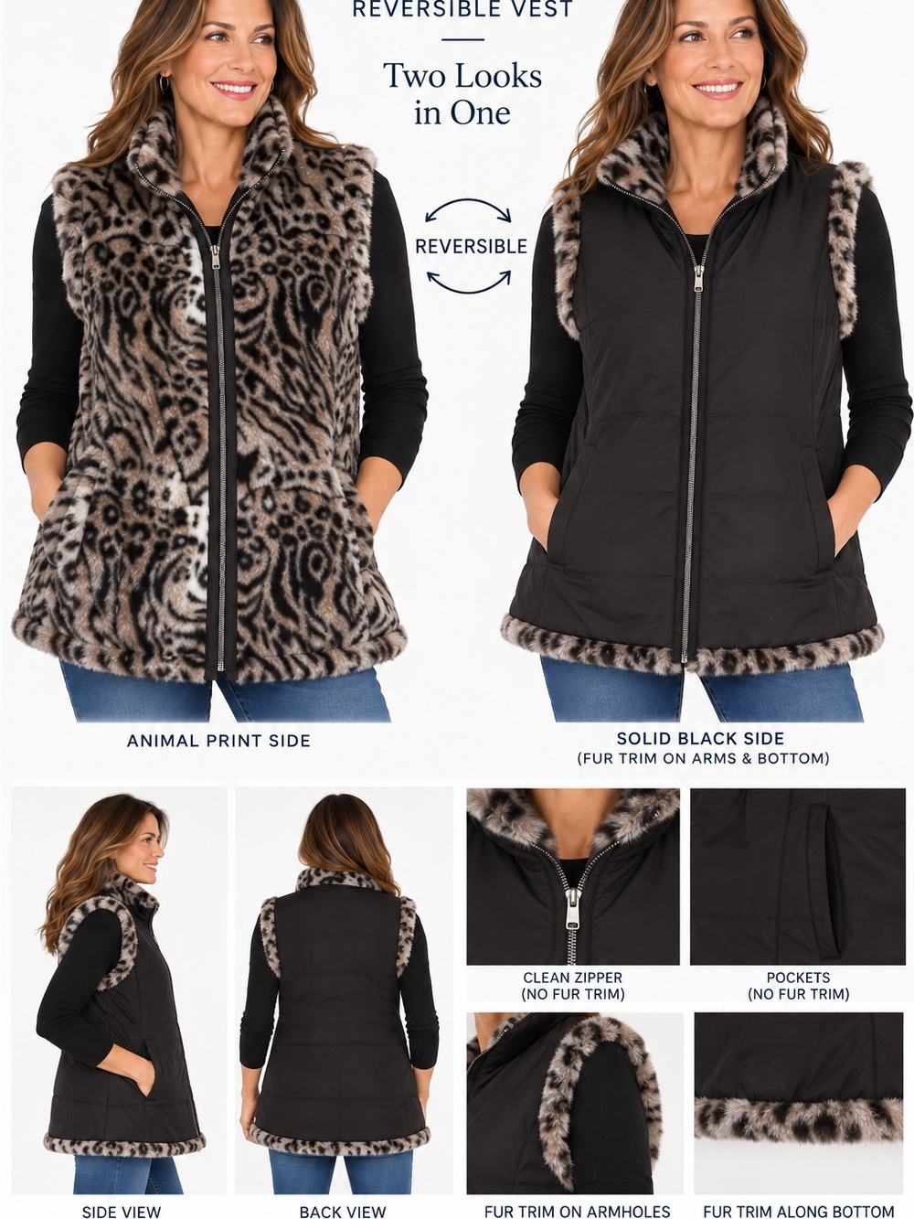 Democracy Reversible Faux Fur Animal Print Vest – XL